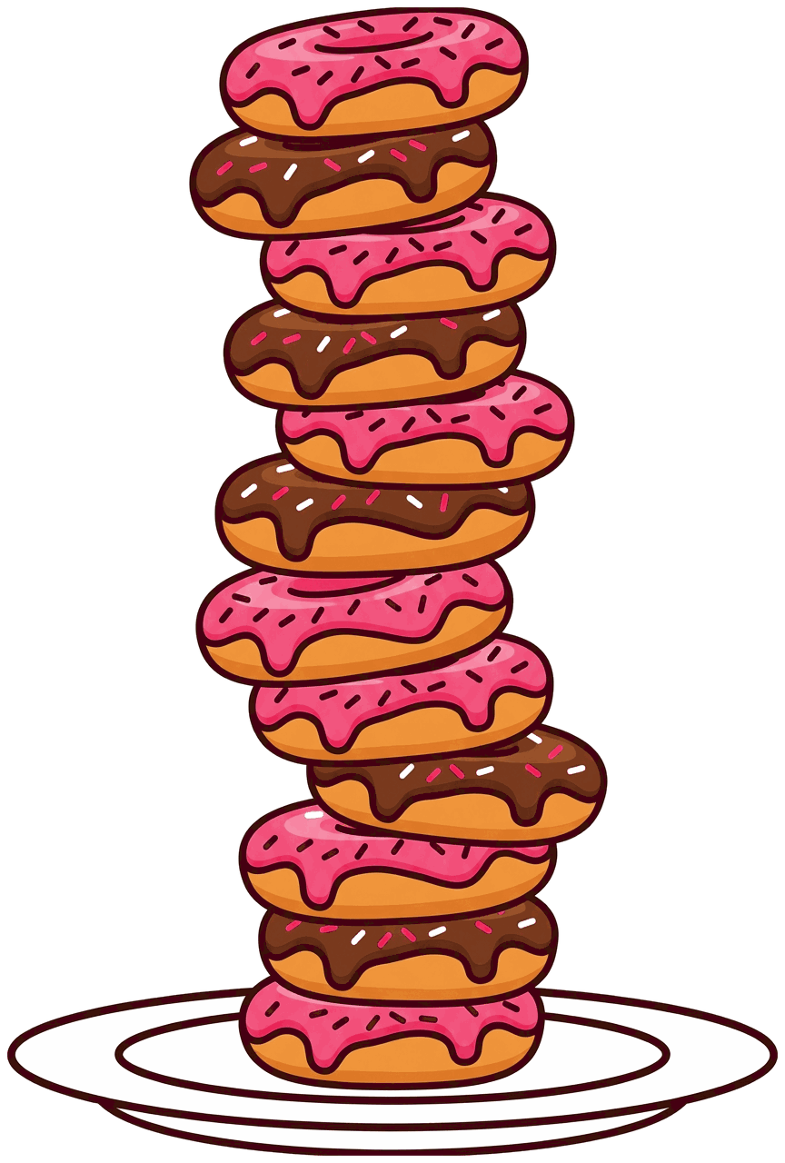 A comically tall, leaning tower of Bobo's donuts on a serving plate